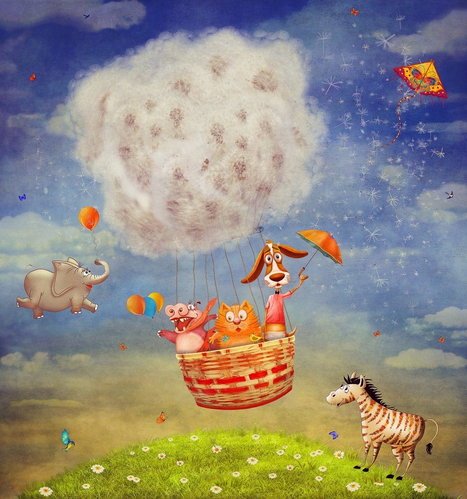 Happy Animals in Air Balloon Print